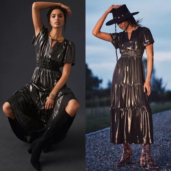 ANTHROPOLOGY Dress Somerset Maxi Shine Edition Metallic Black Size S - Picture 2 of 14